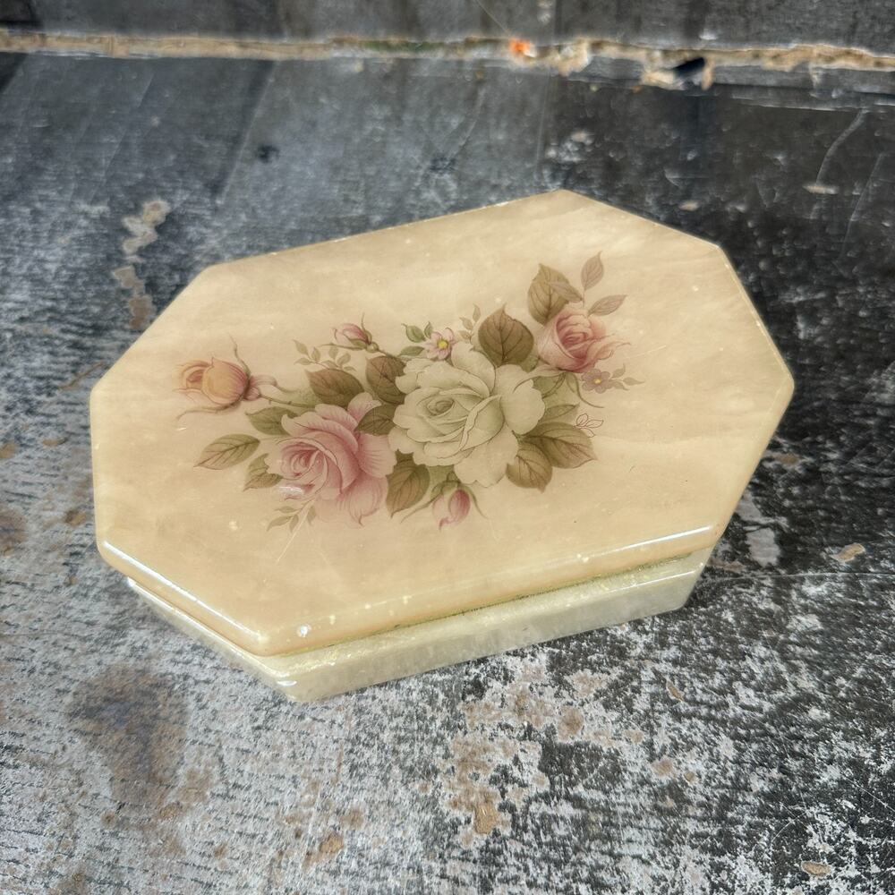 Genuine Alabaster floral Trinket Box Hand Carved In Italy. Rare.